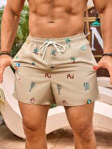 Manfinity Swimmode Men's Simple Print Beach Shorts Beach Wear - Khaki - View 4