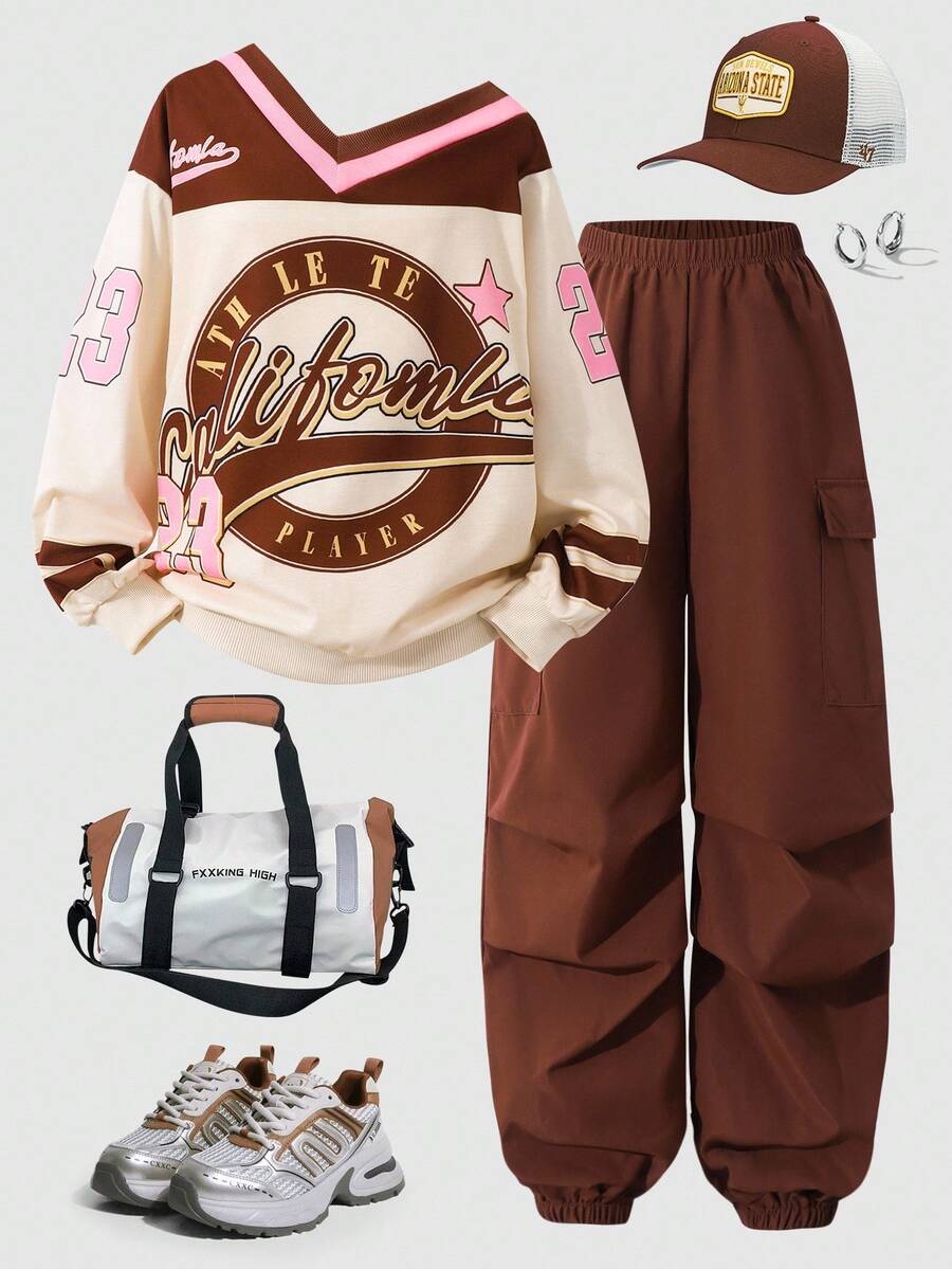 Sparklyn 2pcs Tween Girls' Sporty Color Block Numeric Print Long Sleeve Knit Sweatshirt And Side Pocket Cargo Pants Set, Cool Girl Daily Outfit Fall Winter - Brown - View 1