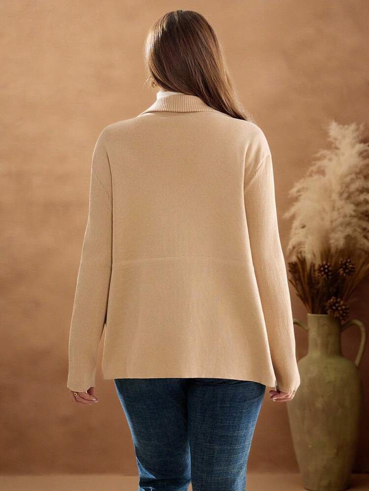 Plus Size Women's Solid Color Long Sleeve Zip Front Drawstring Waist Casual Knit Cardigan Winter Fall Autumn