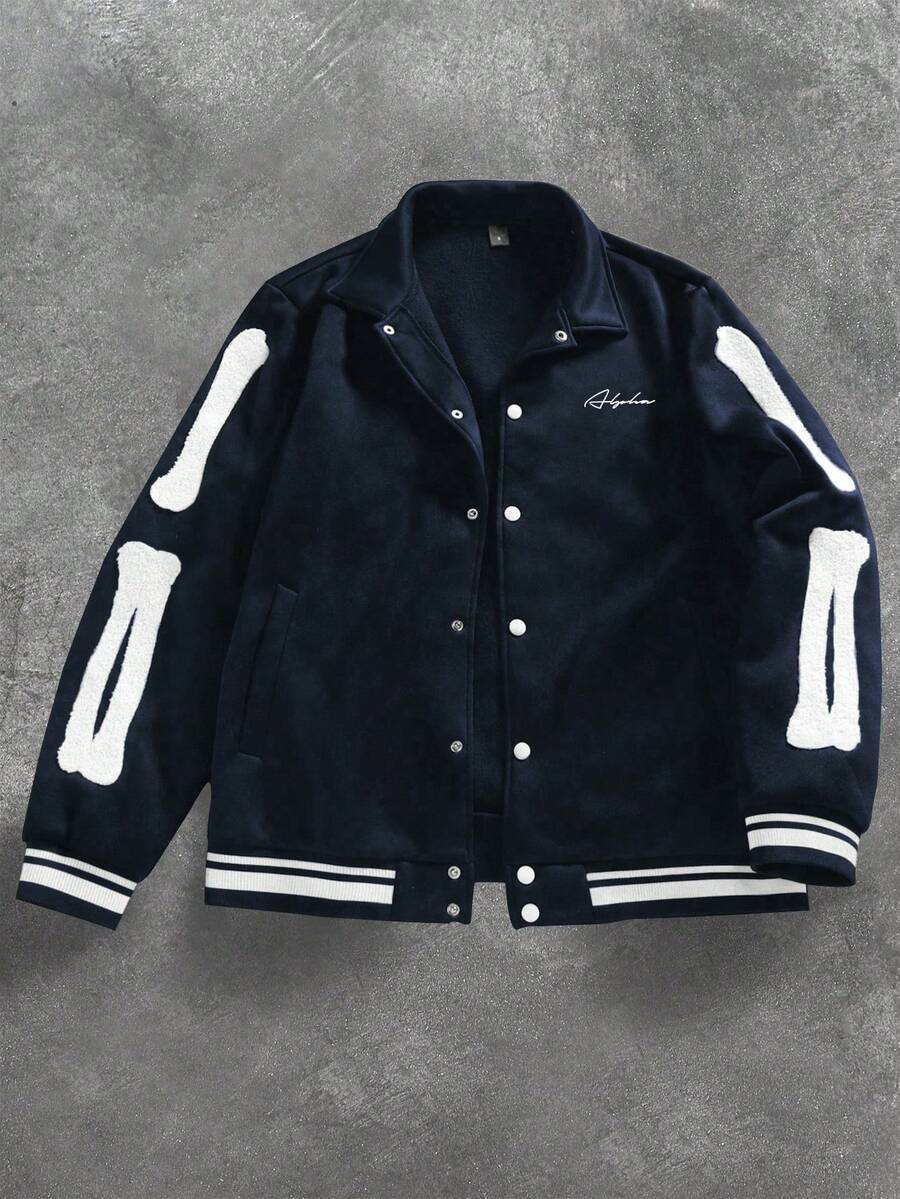 Manfinity EMRG 男士字母印花长袖单排扣休闲翻领夹克黑色运动夹克棒球夹克黑色。男士万圣节服装、Y2K、街头时尚、返校季、送给男朋友的礼物、秋季 - 藏蓝色 - 查看 1