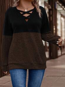 EMERY ROSE Women's Autumn/Winter Contrast Color Patchwork Casual Plus Size Sweatshirt - Multicolor - View 6