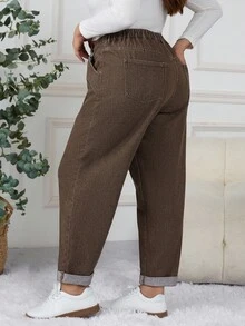 SHEIN CURVE+ 休闲时尚百搭简约纽扣口袋大码女式牛仔裤 - 棕色 - 查看 2