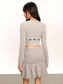 INAWLY Women's Casual Tie-Up Cuffed Cropped Fitted Sweater And Ruffle Hem Mini Skirt Set, Autumn - Light Grey - View 3