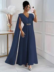 Elenzga 新款褶皱腰带装饰纽扣后腰带设计轻盈连衣裙，优雅大方，适合婚礼、节日、休闲场合 - 寶藍色 - 查看 5