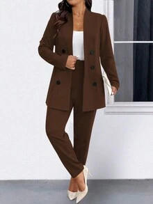 SHEIN Clasi Plus Size Casual Commuter Solid Color Jacket And Pants Suit - Coffee Brown - View 7