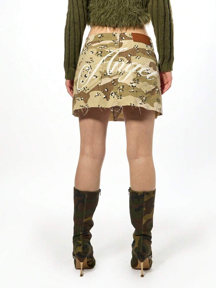SUMWON WOMEN Distressed Denim Mini Skirt With Camo Print