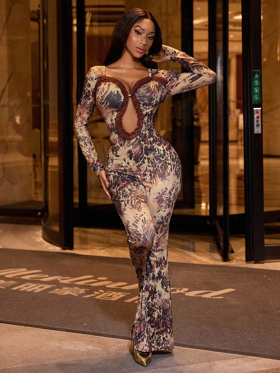 Lureya Combinaison femme à manches longues avec encolure ajourée, style vintage, imprimé dégradé personnalisé, sexy, jambes larges