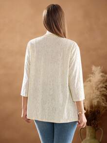EMERY ROSE Plus Size Casual Solid Color Textured Jacket, Plus Size Lace Jacket, Plus Size Open Front Cardigan, Autumn - Apricot - View 2