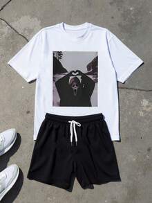 Manfinity Dauomo 男士圆领短袖创意图案休闲百搭夏季T恤套装 - 黑色 - 查看 1