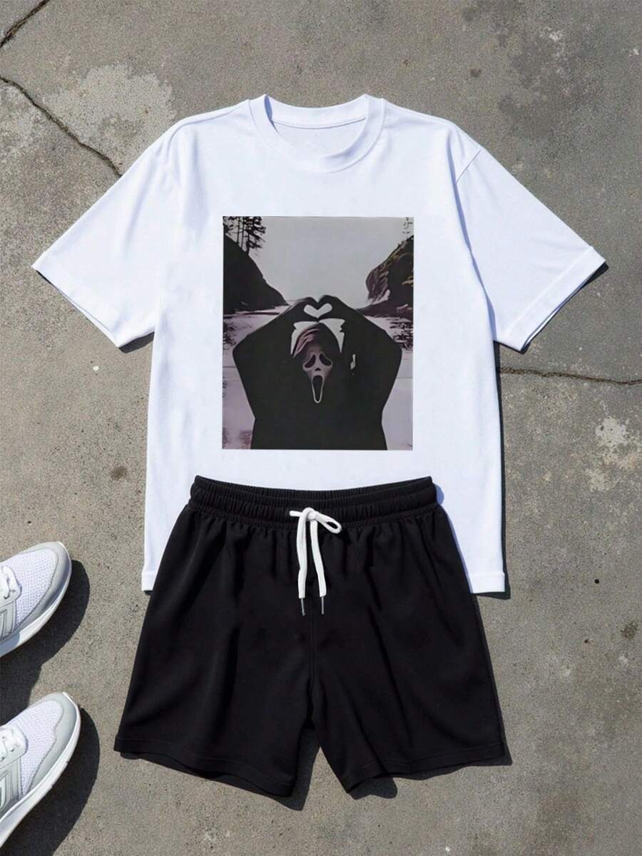 Manfinity Dauomo 男士圆领短袖创意图案休闲百搭夏季T恤套装 - 黑色 - 查看 1