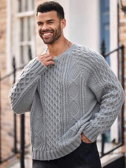 EASEVO Plus Size Men's Casual Solid Color Cable Knit Twist Rope Sweater, Autumn/Winter, Long Sleeve Top