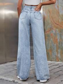 SHEIN EZwear Damen Winter Jeans mit Taschen, Destroyed-Optik, Loose Fit, Weites Bein, Verstärkte Denim