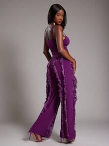 NYA SZN 女士套装（上衣和裤子）上衣修身修身短款可调节肩带领口低腰裤高腰阔腿抽绳流苏细节日常休闲早午餐约会教堂端庄秋冬适合通勤女士服装 - 紫色 - 查看 2