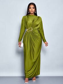 SOLERSUN Đầm ôm body dài tay trang trí kim loại màu trơn thanh lịch cho nữ trang phục dự tiệc cưới lãng mạn, tiệc tốt nghiệp, tiệc vũ hội - Màu xanh Ô liu - Xem 4