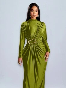 SOLERSUN Đầm ôm body dài tay trang trí kim loại màu trơn thanh lịch cho nữ trang phục dự tiệc cưới lãng mạn, tiệc tốt nghiệp, tiệc vũ hội - Màu xanh Ô liu - Xem 5