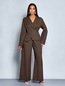 SOLERSUN Women's Elegant Commuting Coffee Tweed Wrap Blazer With Front Tie Back And Wide Leg Pants Suits Fall Cloth For Women - Coffee Brown - View 4