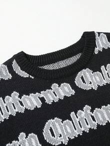 Manfinity EMRG Men's Casual Letter Pattern Round Neck Drop Shoulder Long Sleeve Sweater, Autumn Men Knit Sweater California Sweater Mens Graphic Knit Sweater Mens Black Sweater Mens Knitwear