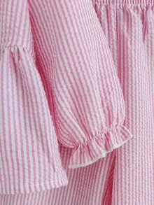 SHEIN Playful Pals 女宝宝荷叶边领条纹时尚可爱长袖T恤套装 - 粉色 - 查看 5