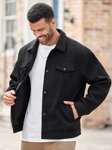 EASEVO Plus Size Men's Casual Loose Fit Overcoat, Black, For Fall Winter - Black - View 4