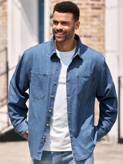 EASEVO Plus Size Men's Casual Denim Shirt, Long Sleeve Top