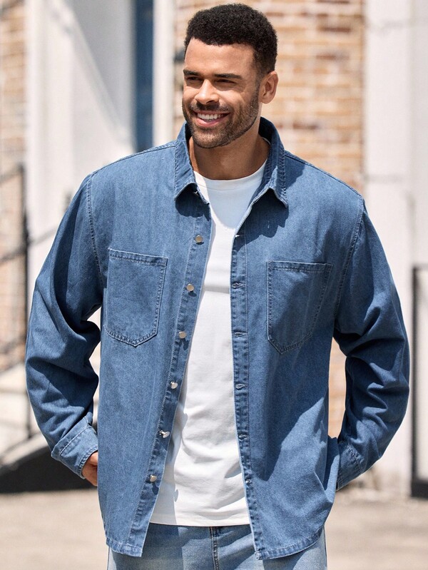 EASEVO Plus Size Men's Casual Denim Shirt, Long Sleeve Top