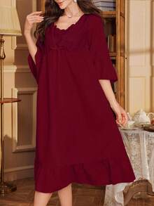 3D刺绣二合一V领荷叶袖女士睡裙娃娃衫假日季、宽松长袍、秋季、冬季 - 酒紅色 - 查看 4
