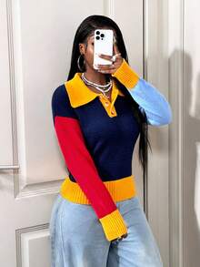 BamGleam Suéter de Tricô Casual com Mangas Longas, Gola Colorida para Outono/Inverno Feminino - Multicolorido - Visão 5