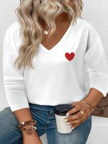 EMERY ROSE Women's Heart Print V-Neck Long Sleeve Plus Size T-Shirt, Popular For Autumn/Winter - White - View 6