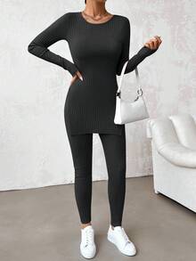 Cloudara Cotton Ladies' Solid Ribbed Round Neck T-Shirt With Side Slits On Hem And Skinny Pants Two Pieces Set - Dark Grey - View 4