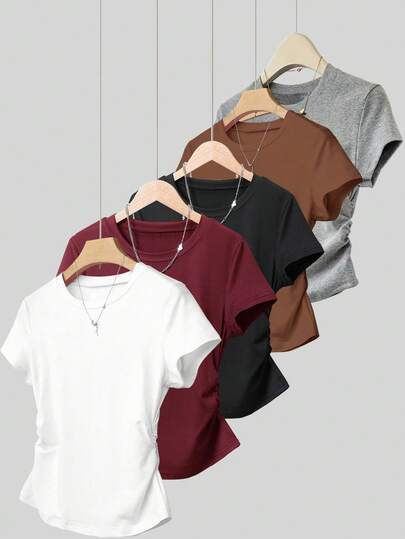 INAWLY Set de 5 camisetas de manga corta con pliegues en la cintura, diseño estilizante, color blanco, burdeos, negro, café, gris claro, adecuadas para uso diario y actividades al aire libre
