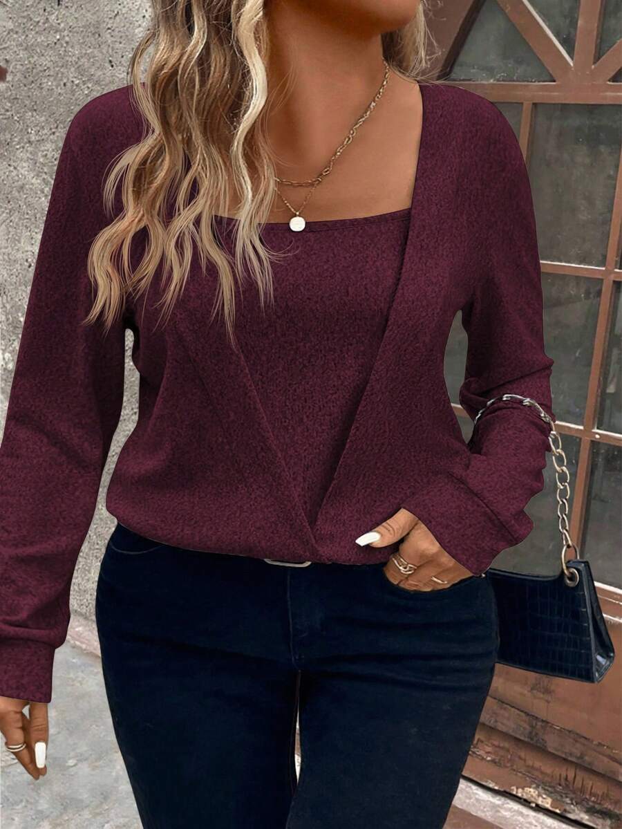 EMERY ROSE 女式柔软针织长袖休闲运动衫，加大码，秋冬 - 中紫紅色 - 查看 1