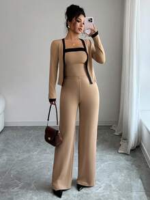 Elenzga 女士休闲通勤时尚舒适优雅撞色开衫、吊带背心和直筒裤三件套，春秋 - 彩色 - 查看 5