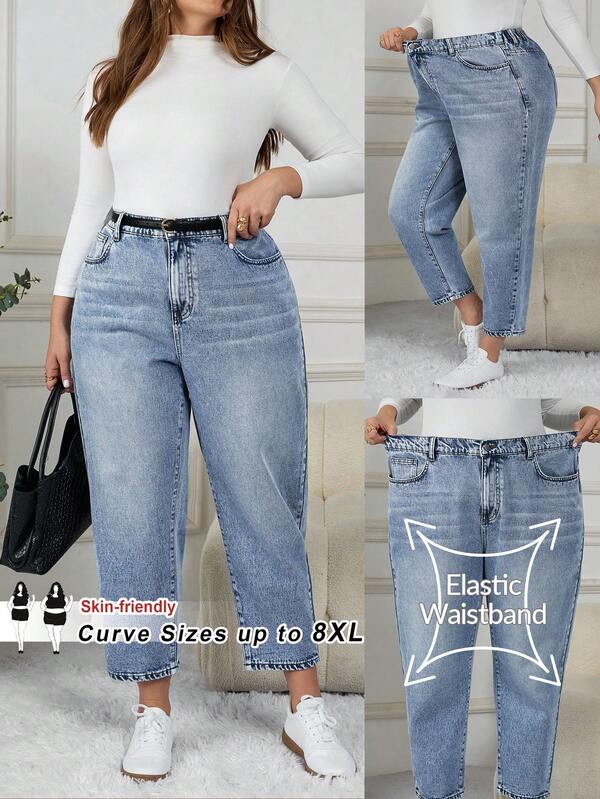 SHEIN CURVE+ Jeans lavados y entallados de talla grande para uso casual y diario