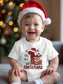 SHEIN Playful Pals Christmas Newborn Baby Boy Fashionable Creative Cartoon Cute Reindeer Red & Black Plaid Numeral Graphic Funny Slogan Print Round Neck Short Sleeve Bodysuit, Suitable For All Seasons - White - View 3
