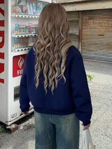 INAWLY Women's Casual Sports College Style Letter Embroidery Drop Shoulder Loose Baseball Jacket - Navy Blue - View 2