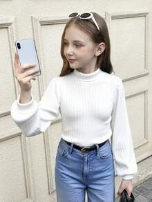 SHEIN 少女纯白色罗纹高领灯笼长袖T恤，休闲日常穿着，可与妈妈亲子装搭配，时尚秋季款