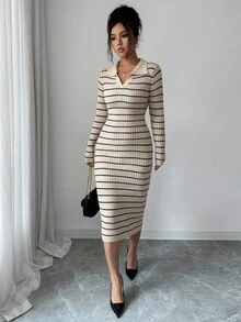 Elenzga 女装秋冬新款V领设计时尚优雅修身经典条纹针织长袖毛衣裙，百搭日常通勤 - 杏色 - 查看 5