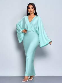 SOLERSUN Women's Elegant Mint Green Autumn Deep V Slim Long Dress, Loose Collar Fall Dresses For Parties,Dinner,Afternoon Tea,Daily Outings And Halloween - Green - View 6