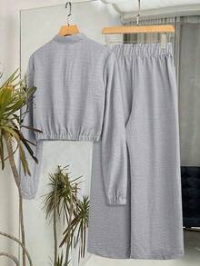 EMERY ROSE Women's Solid Color Casual Zip-Up Baseball Jacket And Wide Leg Pants Set, Autumn - Light Grey - View 2