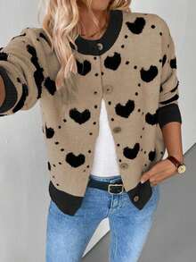 EMERY ROSE Loose Fit Intarsia Heart Knit Cardigan, Autumn/Winter Fall Cloth For Women - Khaki - View 6