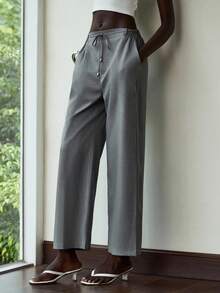 Lumivelle 简单通勤，直筒宽松裤腿，松紧腰带，配金属扣紧腰带灰色裤子商务休闲办公室裤商务裤女士正装裤长裤老款风格返校教师装适度 - 淺灰色 - 查看 5