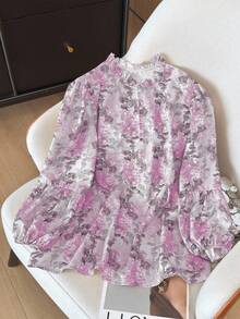 SHEIN Clasi 大码女士时尚休闲法式复古优雅通勤灯笼袖宽松衬衫 - 中紫紅色 - 查看 3