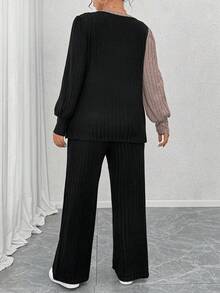 EMERY ROSE Plus Size Crew Neck Long Sleeve Soft Knit Ribbed Asymmetrical Patchwork Top & Straight Leg Pants 2 Pieces Set,Black,Autumn,Smart Casual,Vacation Fall - Multicolor - View 2
