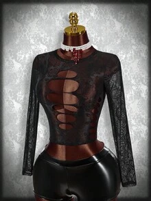 SHEIN ICON Short See Through Long Sleeve Top - Black - View 1