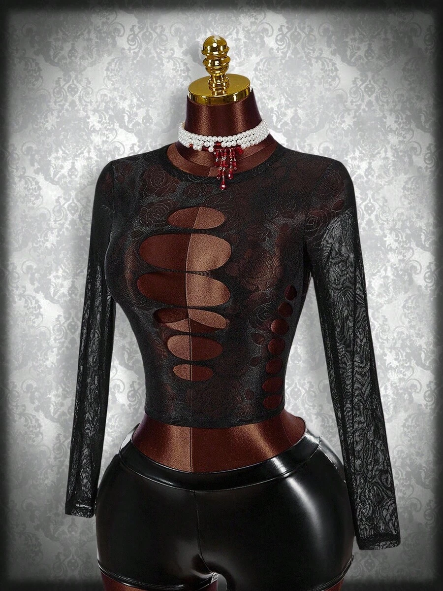 SHEIN ICON Short See Through Long Sleeve Top - Black - View 1