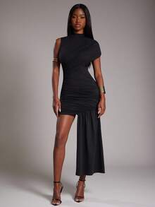 NYA SZN 连衣裙 短袖 立领 修身 紧身 褶饰细节 垂坠细节 特殊场合 婚礼 约会 早午餐 活动 夜晚外出 派对 俱乐部 迷你长度 秋冬 适合通勤 女士服装 - 黑色 - 查看 3