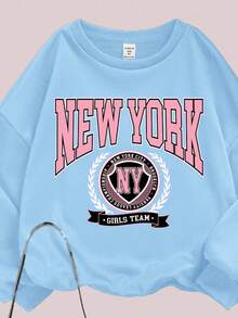 Tween Girls New York 图案针织圆领宽松运动衫和喇叭裤两件套休闲套装 - 灰色 - 查看 3