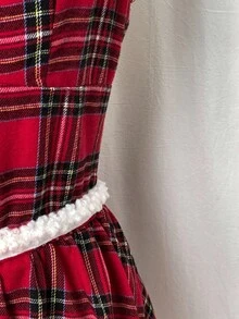 EgrlEra Women's Fashionable Christmas Red Plaid Fuzzy Decor Sleeveless Tube Dress, Suitable For Party And Date, Autumn/Winter - Red - View 4