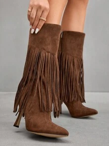 CUCCOO SZL 女士时尚尖头细高跟棕色流苏性感优雅过膝靴 - 摩卡棕 - 查看 5