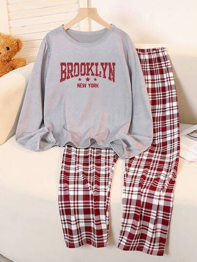 Tween Girls 2-Piece Pajama Set, Vintage English Graphic Print Milk Silk Gray Crew Neck Long Sleeve Top And Plaid Print Loose Comfortable Bottoms, 1 Set